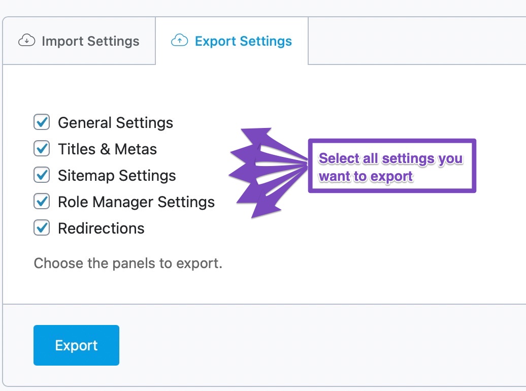 select settings to export from rank math