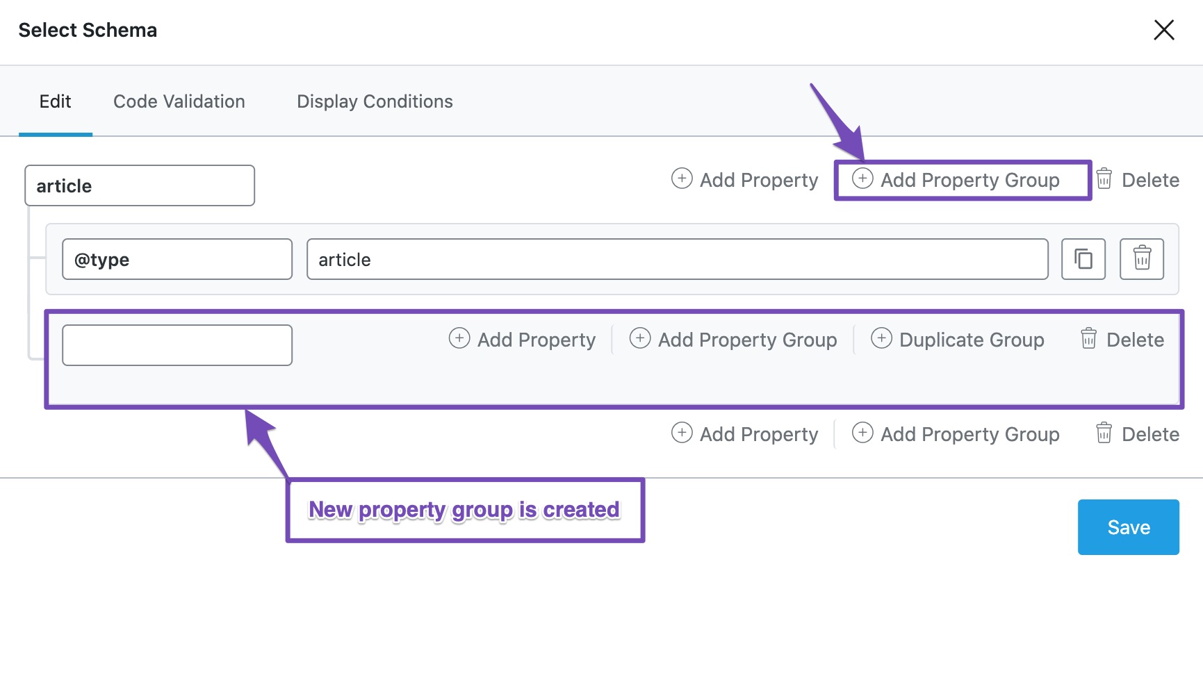 Add New property group in Custom Schema Builder