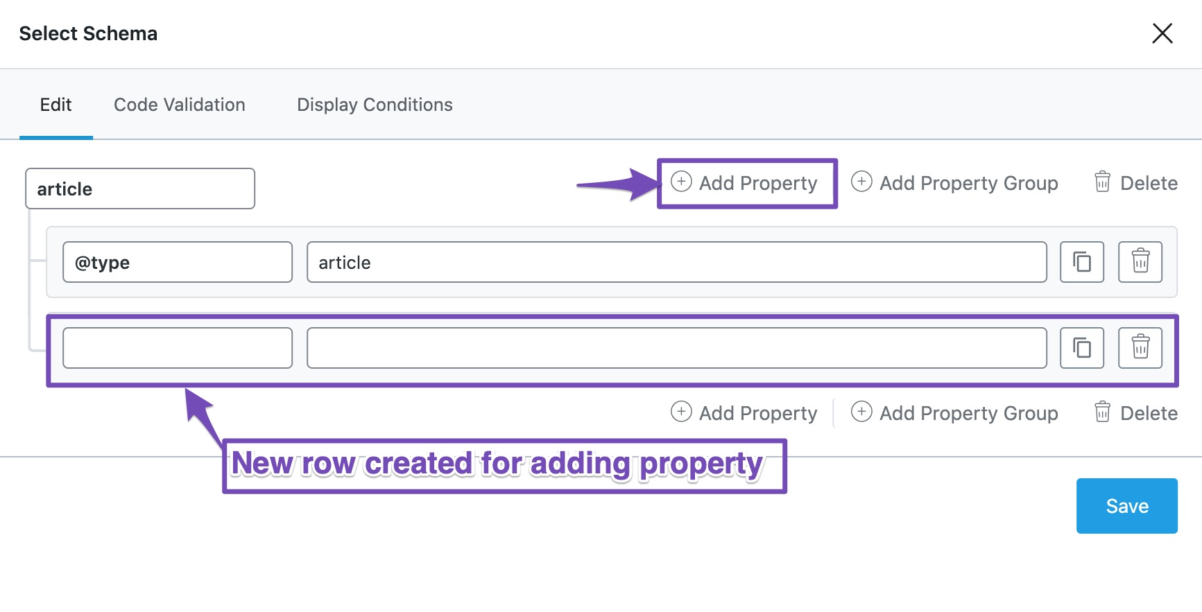 Choose Add Property in Custom Rank Math Schema Builder