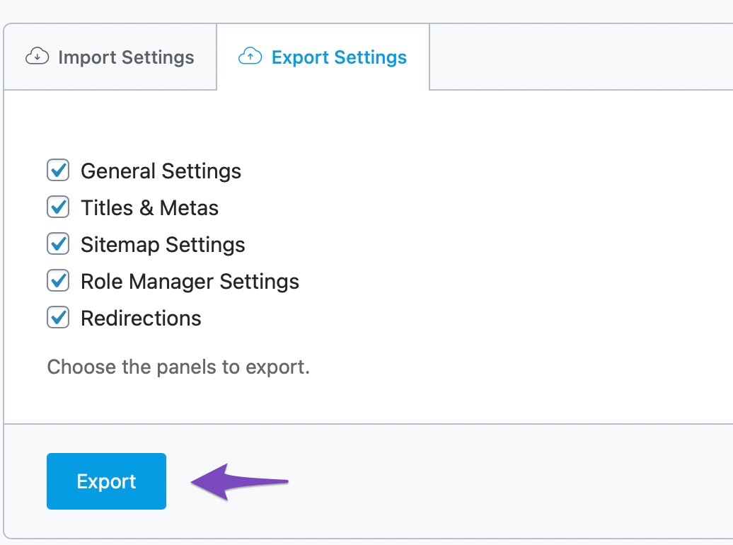 export selected settings from rank math