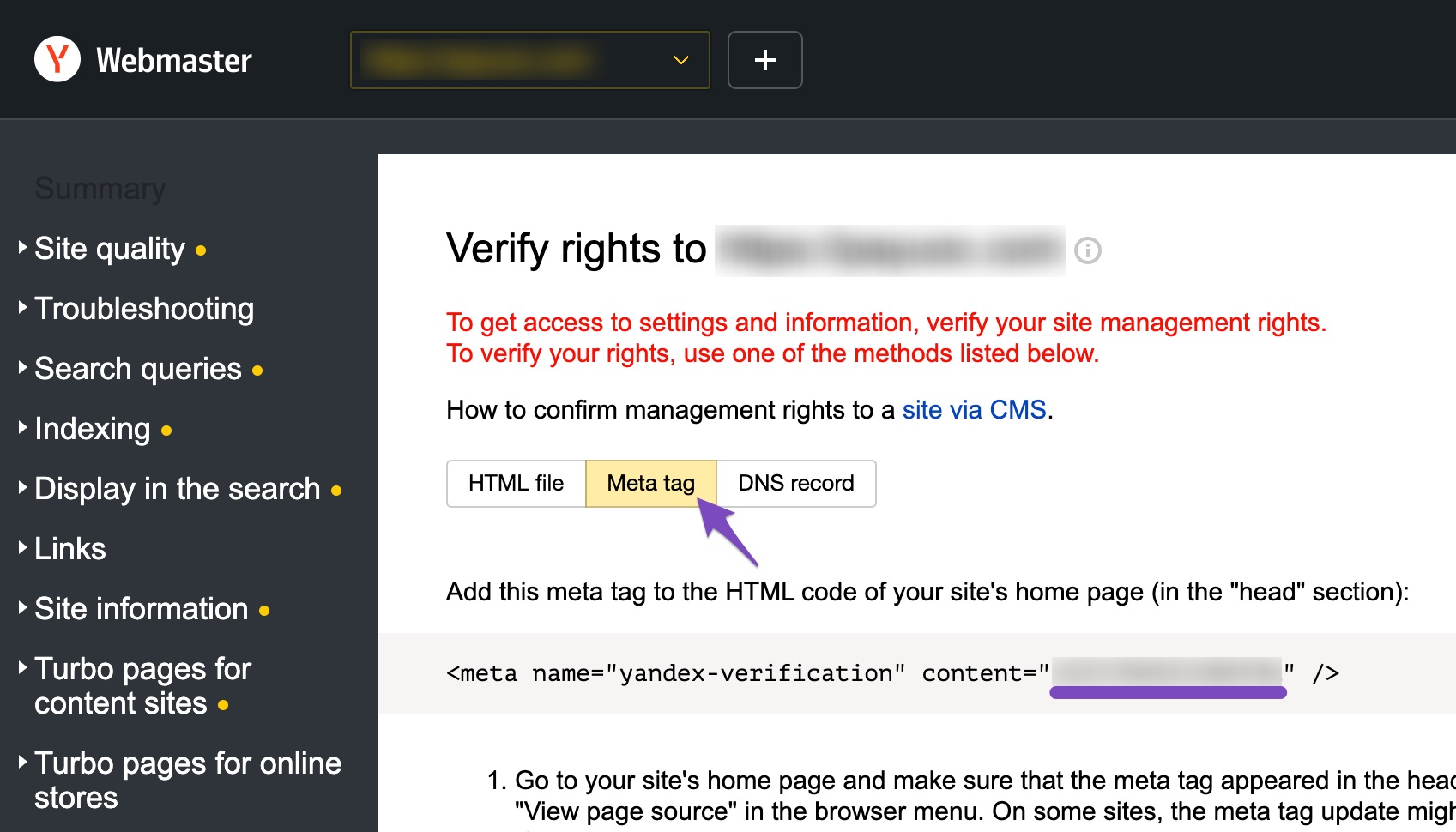 Copy meta tag content in Yandex Webmaster Tools