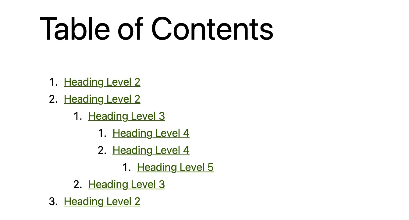 Headings in Table of Contents Block