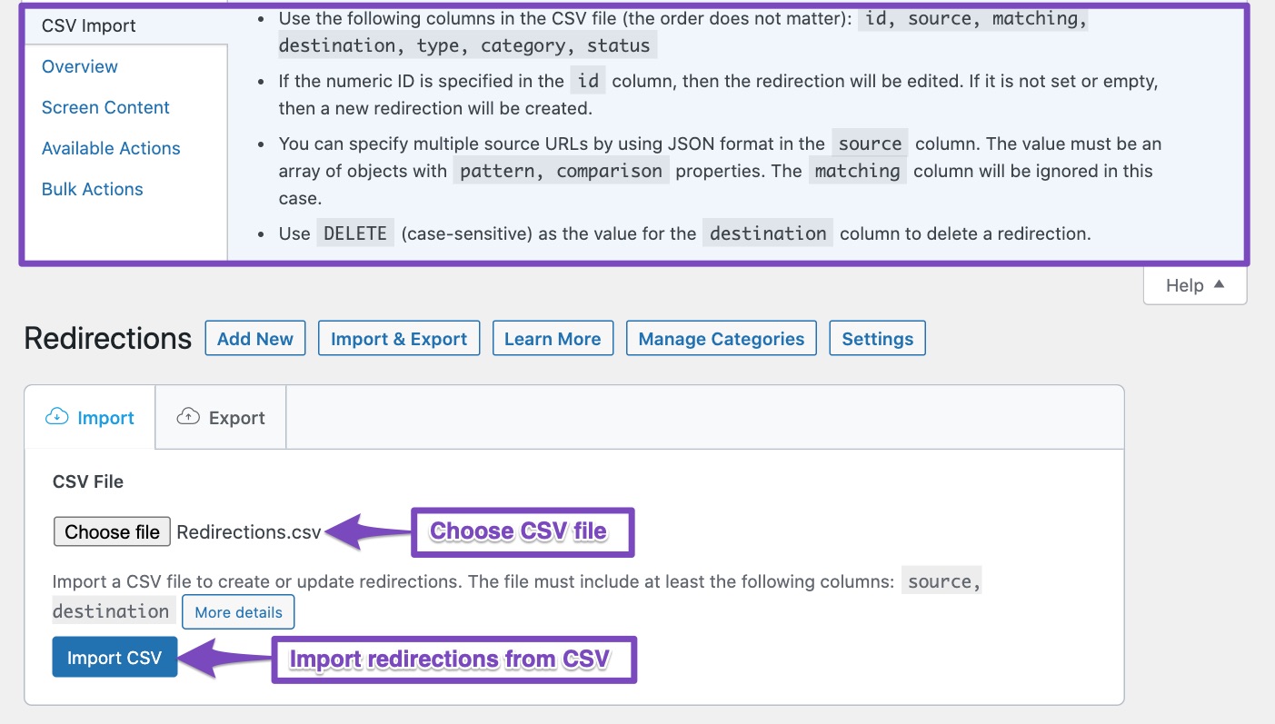 Import redirections from CSV