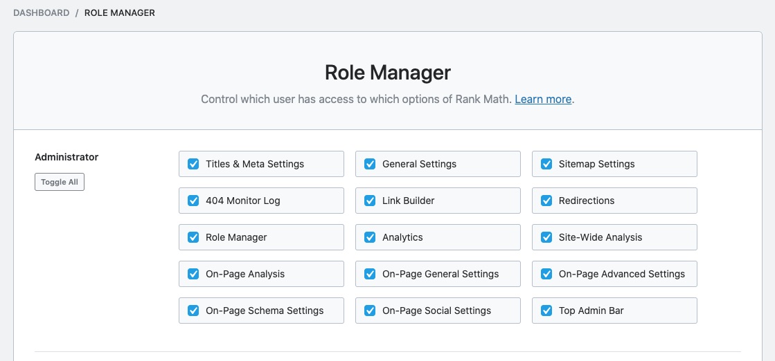 Rank Math Role Manager settings
