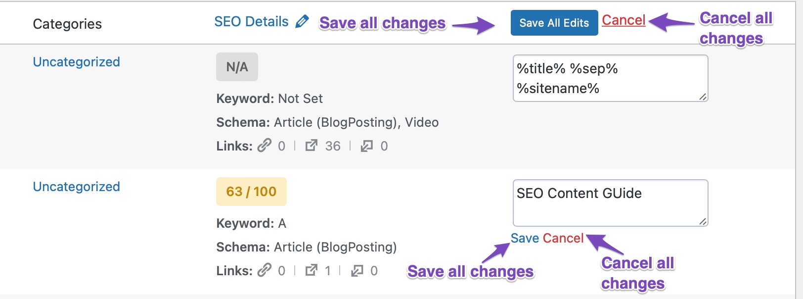 Save and cancel changes to SEO titles