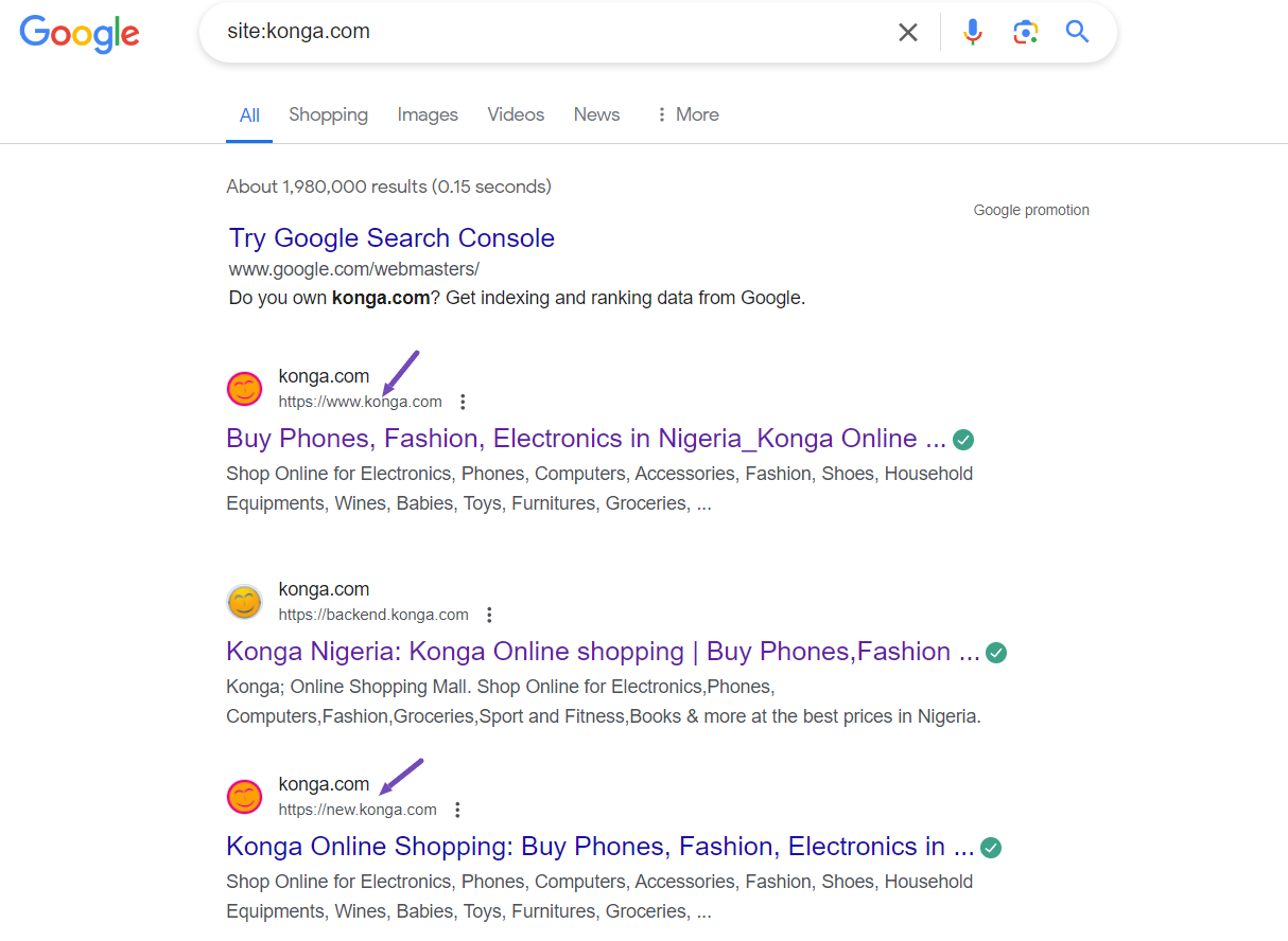 search for konga.com using site search