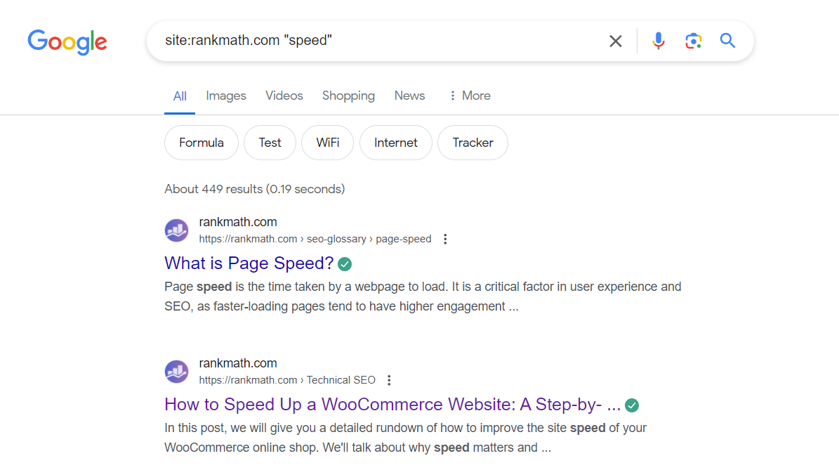 searching for 'speed' articles in Rank Math using site search