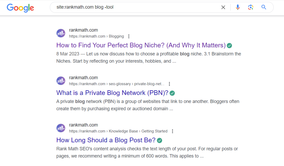 searching for 'blogging' articles in Rank Math excluding 'tools' using site search