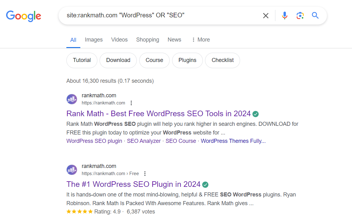 searching for 'SEO' OR 'WordPress' in Rank Math using site search