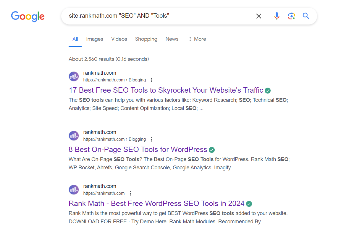 searching for 'SEO' OR 'Tools' in Rank Math using Google site search