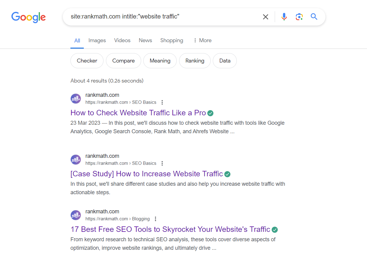 searching for 'website traffic' in Rank Math using intitle search operator