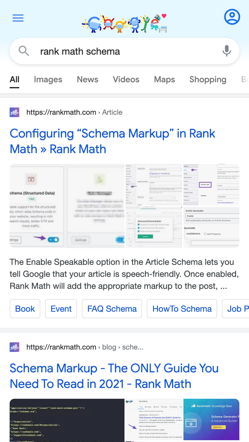 Rank Math Article Schema in search results